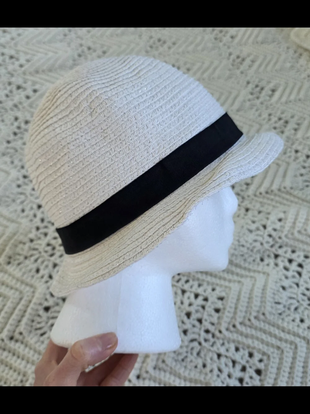 White House Black Market White Hat with Black Floral Accent